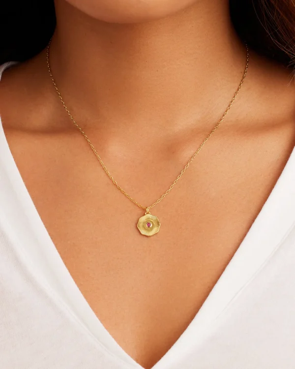 18K Gold Plated Ruby Birthstone Coin Necklace